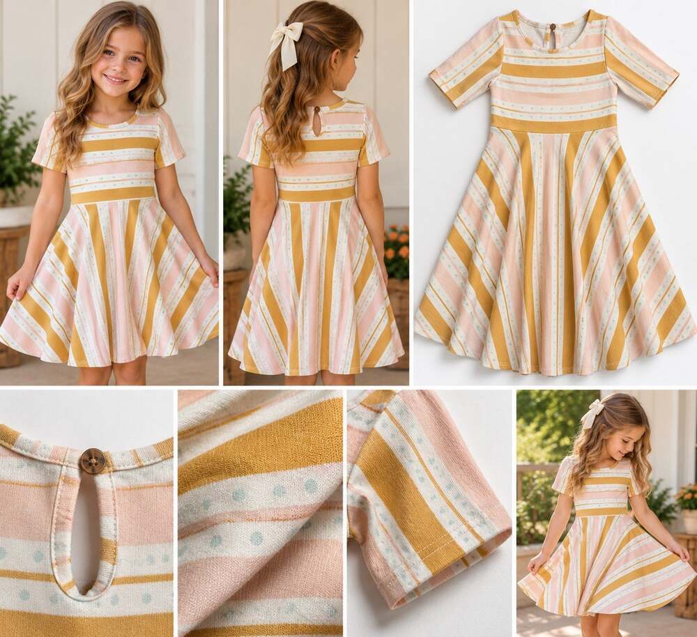 Sweet Honey Girls 6Y Striped Twirl Dress Pink Mustard Short Sleeve Boutique